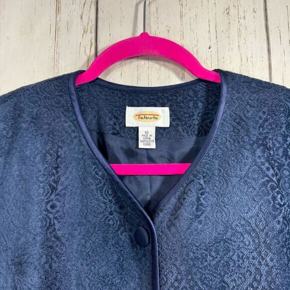 Vintage Talbots Navy Jacquard Silk Trim Blazer Classic Elegant Quiet Luxury - Picture 4 of 13